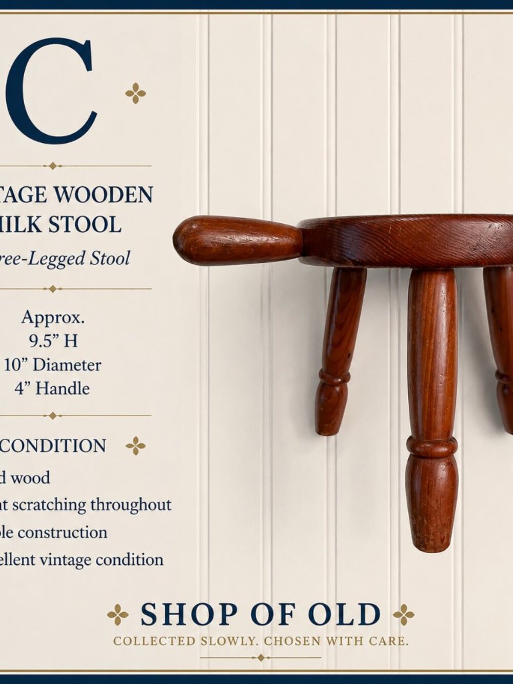 Vintage Wooden Milk Stool | Three-Legged Farmhouse Stool with Handle - Picture 4 of 4